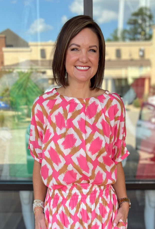 Short Sleeve Tie Waist Top - Punch Print