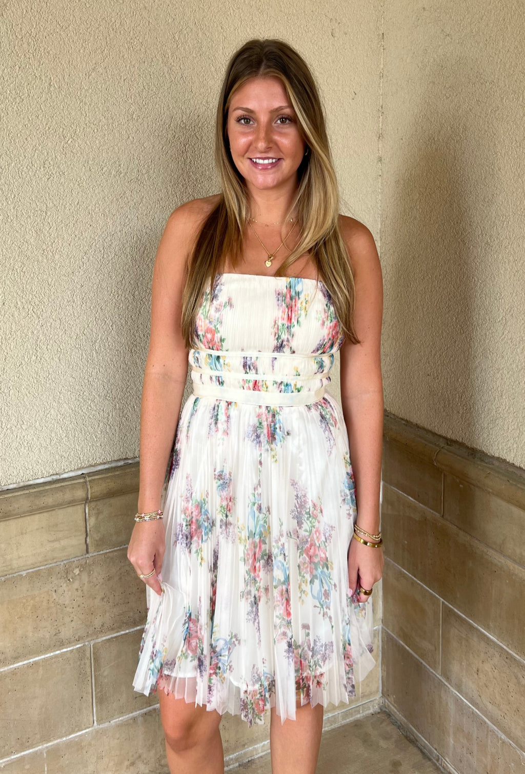 Calais Pleated Mini Dress - Ivory Floral