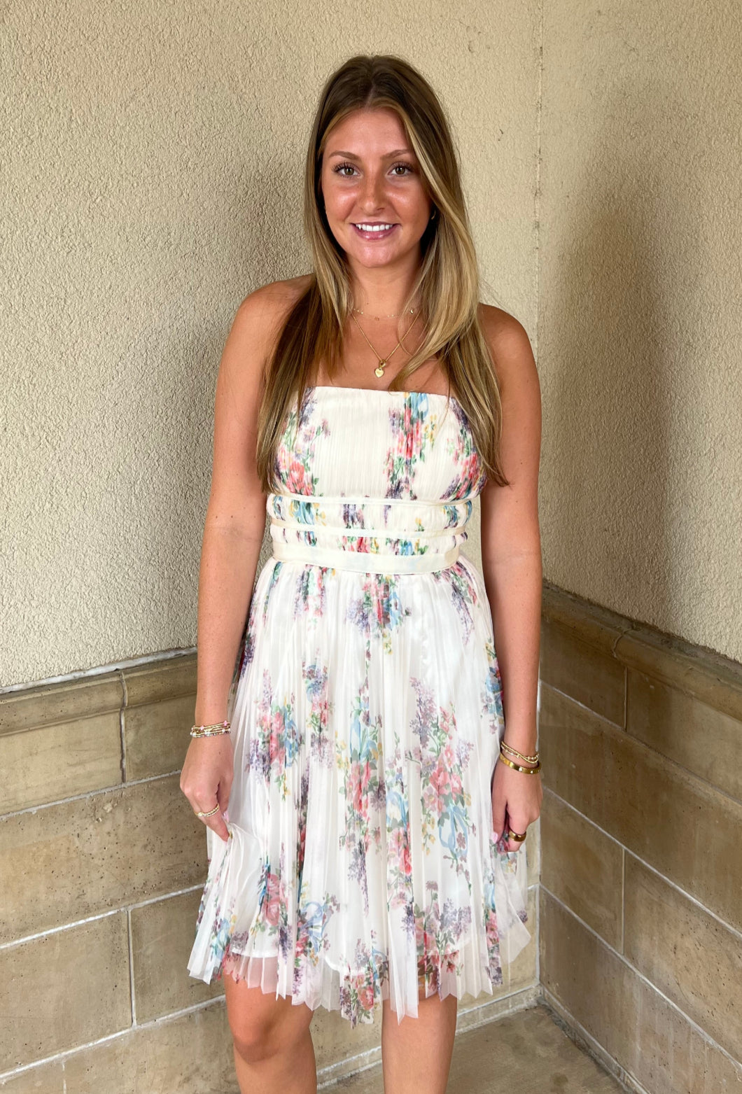 Calais Pleated Mini Dress - Ivory Floral