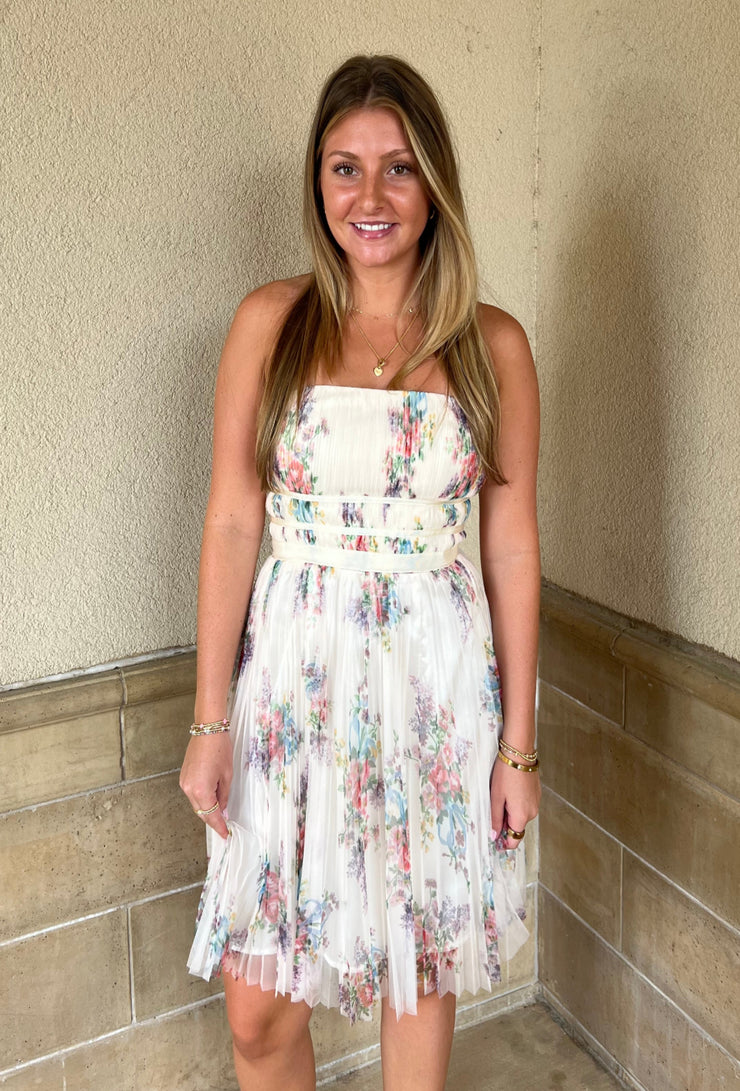 Calais Pleated Mini Dress - Ivory Floral