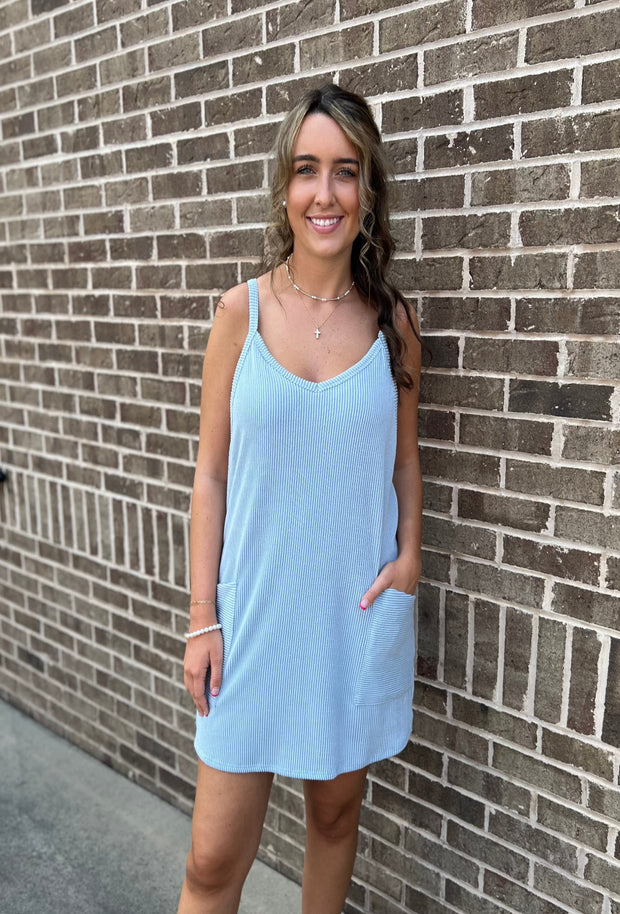 Stripe Ribbed V-Neck Romper Dress - Blue