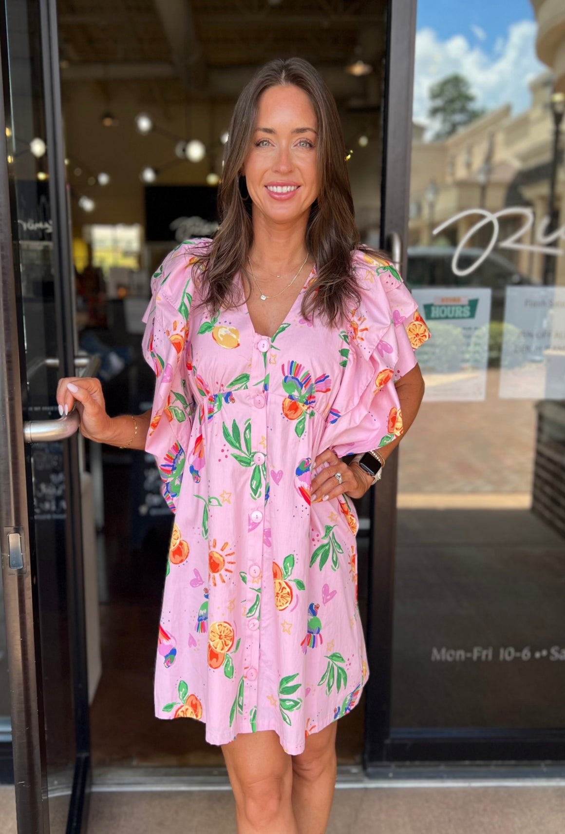 Fruit V-Neck Ruffle Dress - Pink