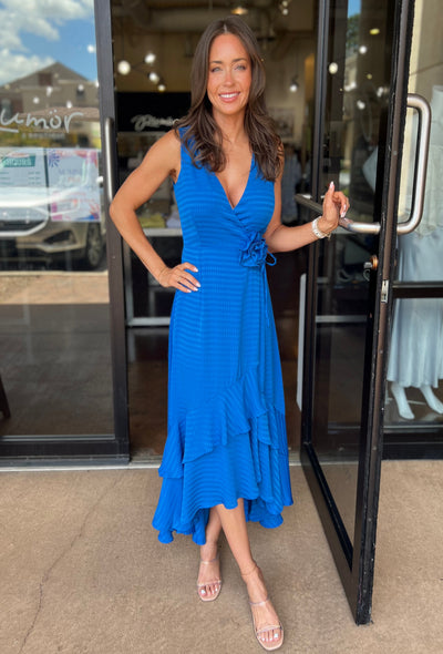 Patricia Textured Rosette Wrap Midi Dress - Blue