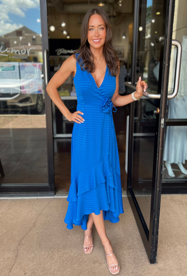 Patricia Textured Rosette Wrap Midi Dress - Blue