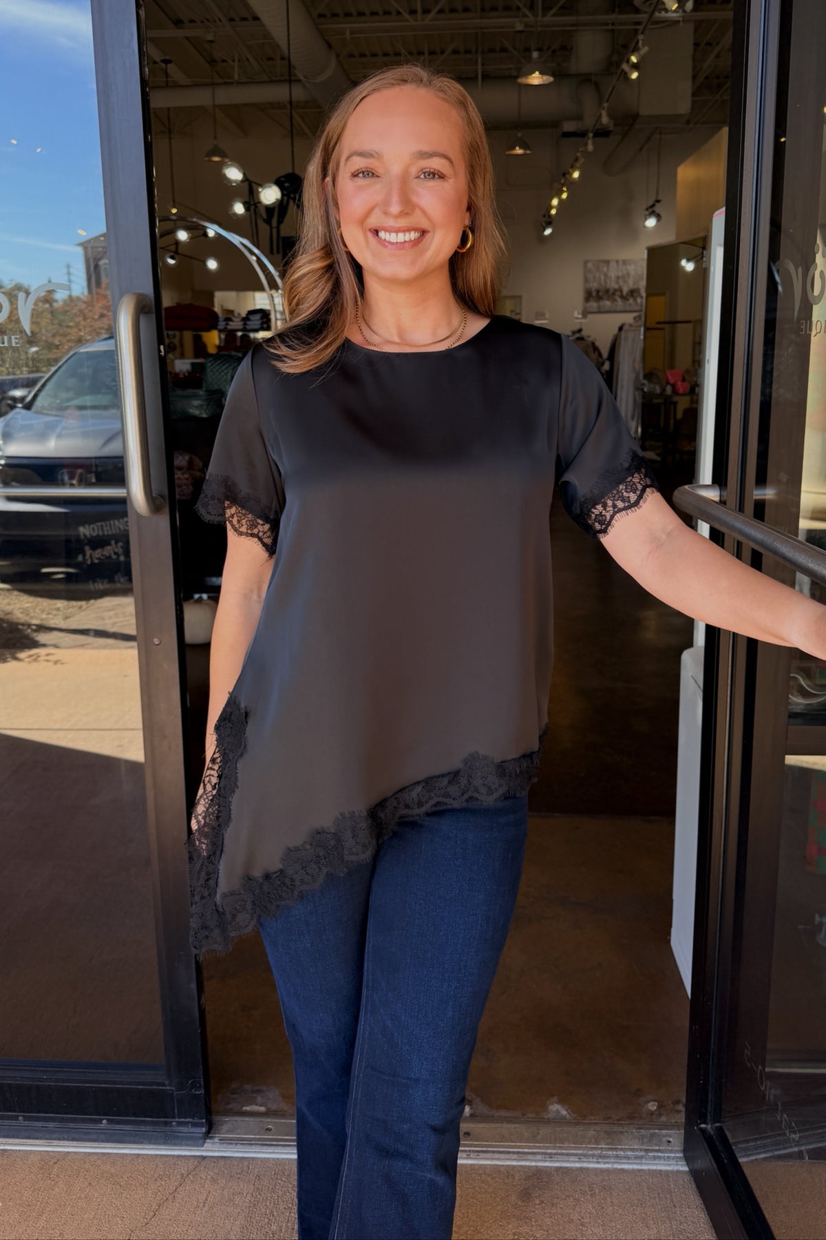 Short Sleeve Satin Lace Trimmed Blouse - Black