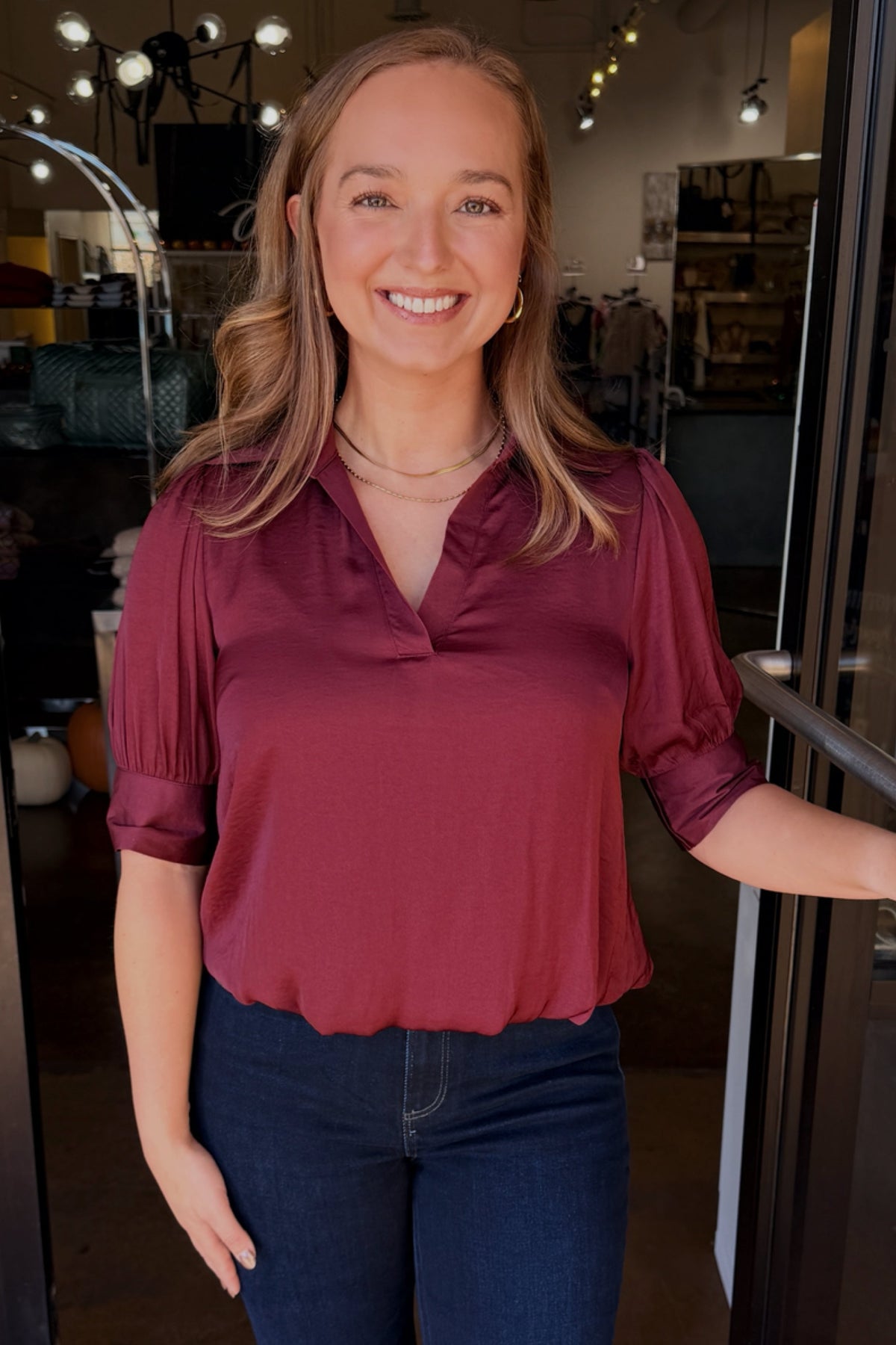 Half Sleeve Hi- Lo Bubble Hemmed Blouse - Wine