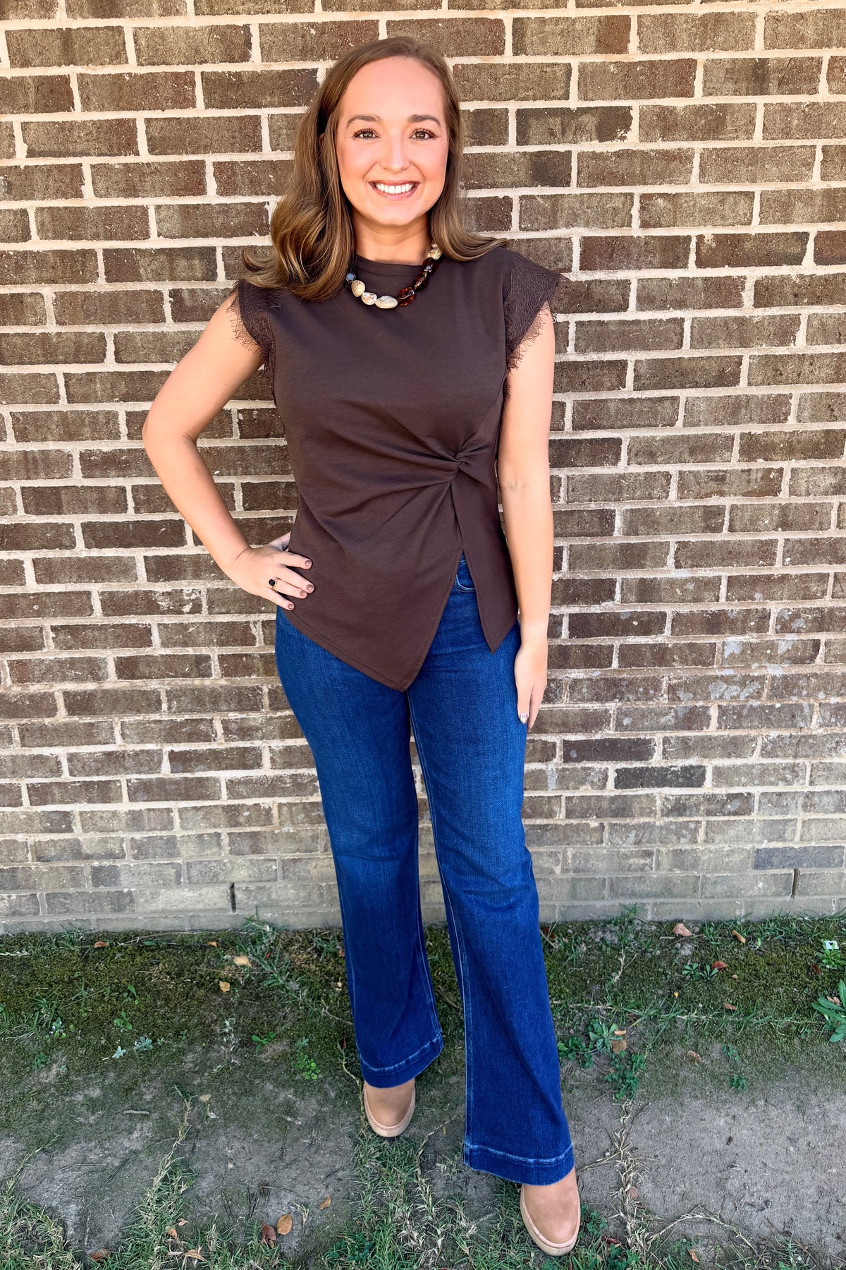 Lace Trimmed Side Tie Top - Brown