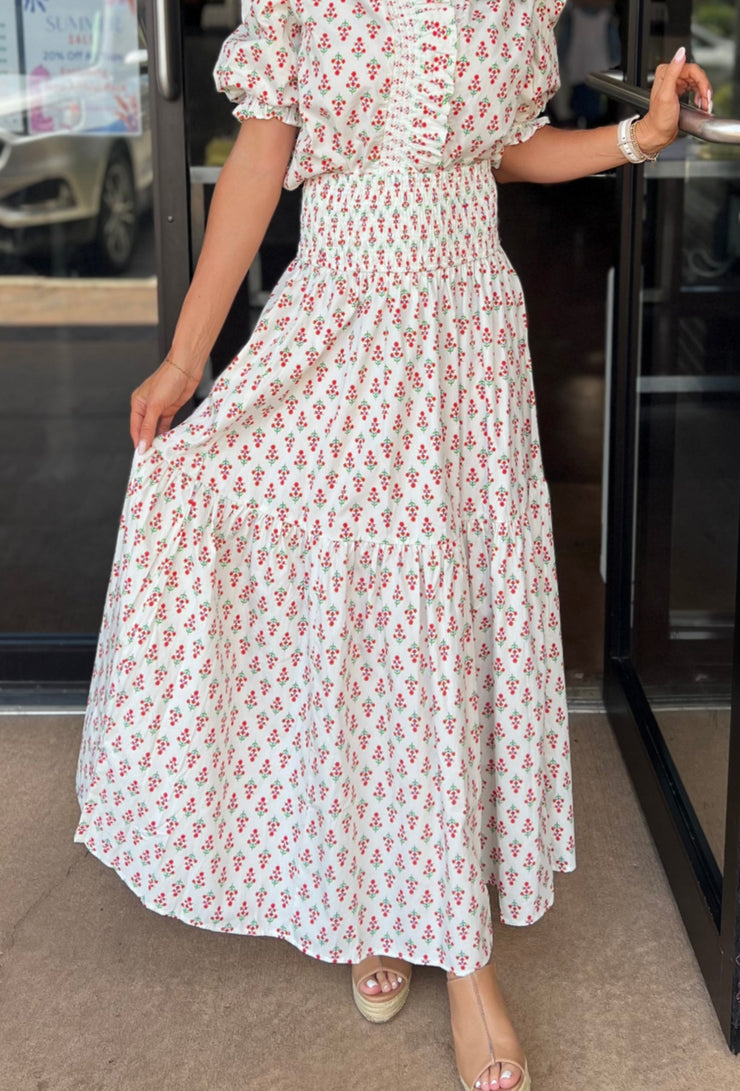 Floral Smocked Tier Maxi Skirt - Ivory
