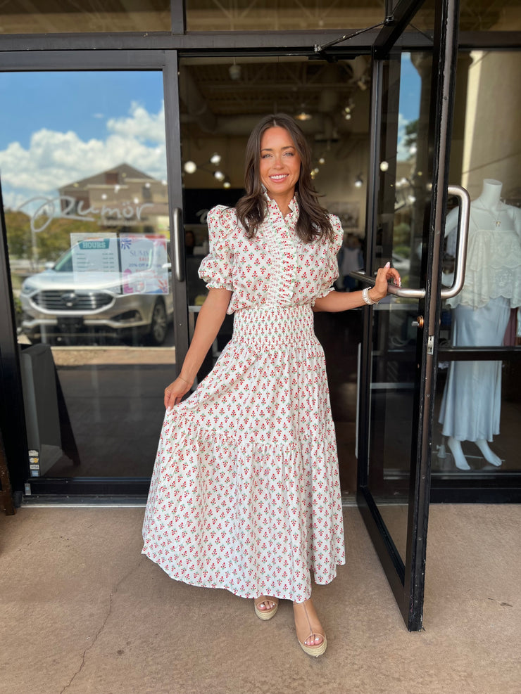 Floral Smocked Tier Maxi Skirt - Ivory