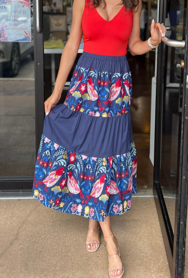 Rina Tiered Embroidered Midi Skirt - Blue Multi