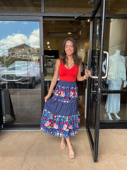 Rina Tiered Embroidered Midi Skirt - Blue Multi