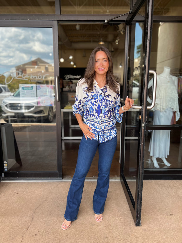 Floral Button Down Long Sleeve Top - Ivory/Blue
