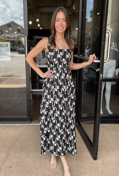 Sleeveless Printed Square Neck Dress - Black