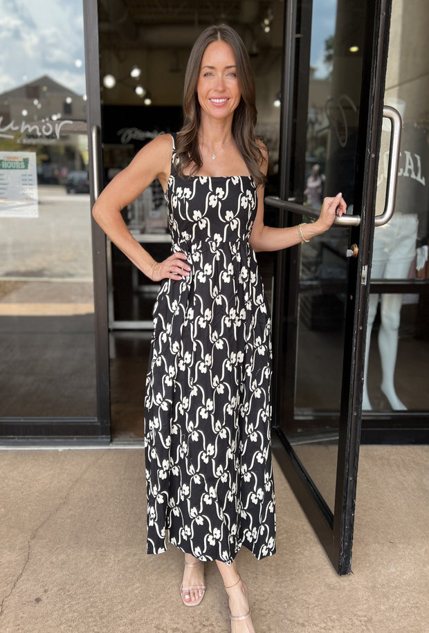Sleeveless Printed Square Neck Dress - Black