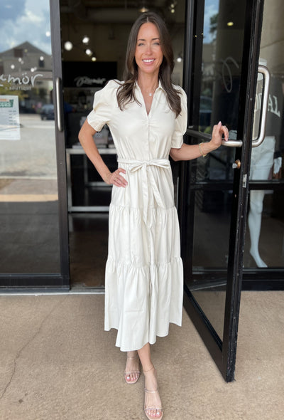 Solid Leather Midi Dress - Cream