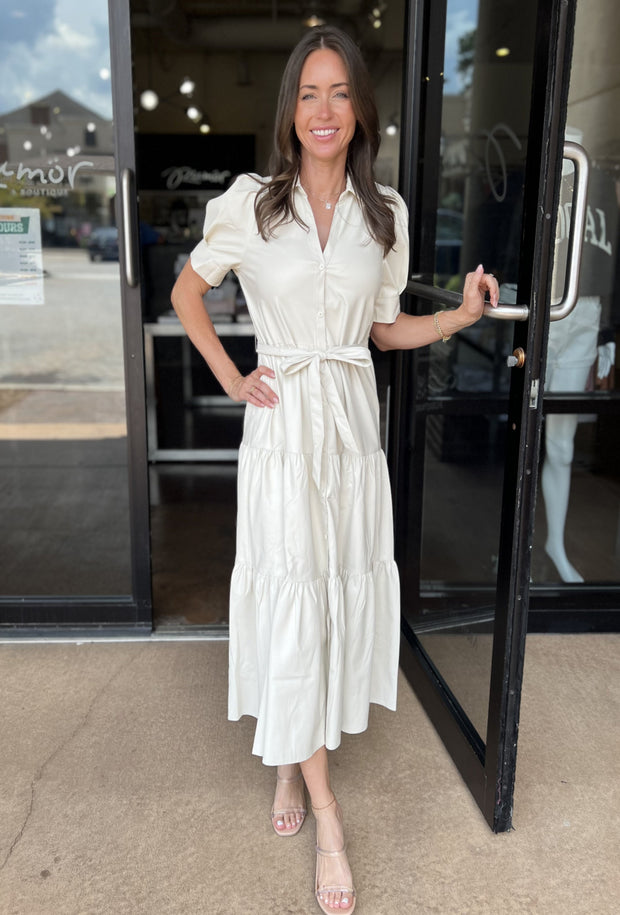 Solid Leather Midi Dress - Cream