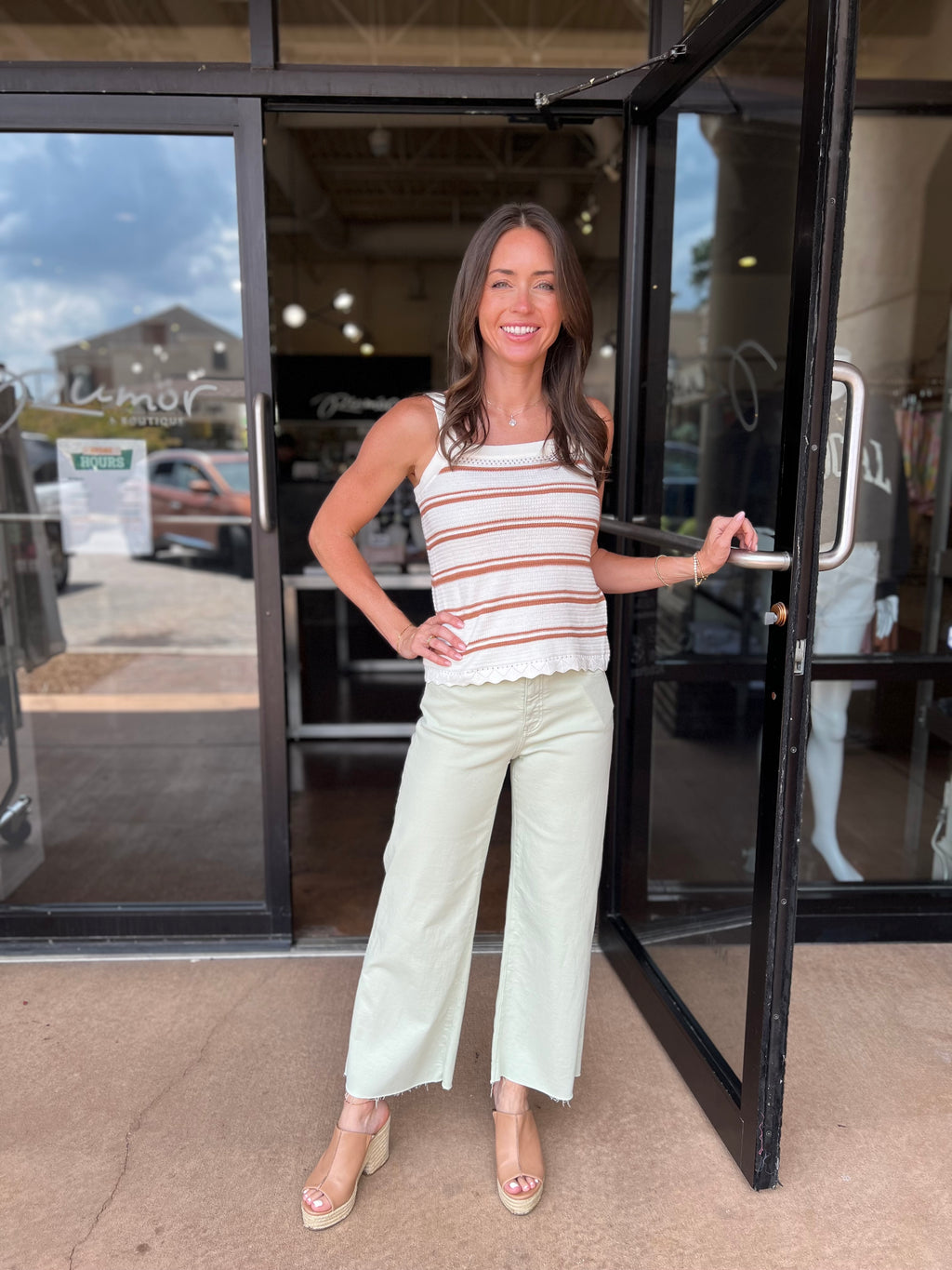 Stripe Knit Tank Scalloped Hem - Brown/Cream