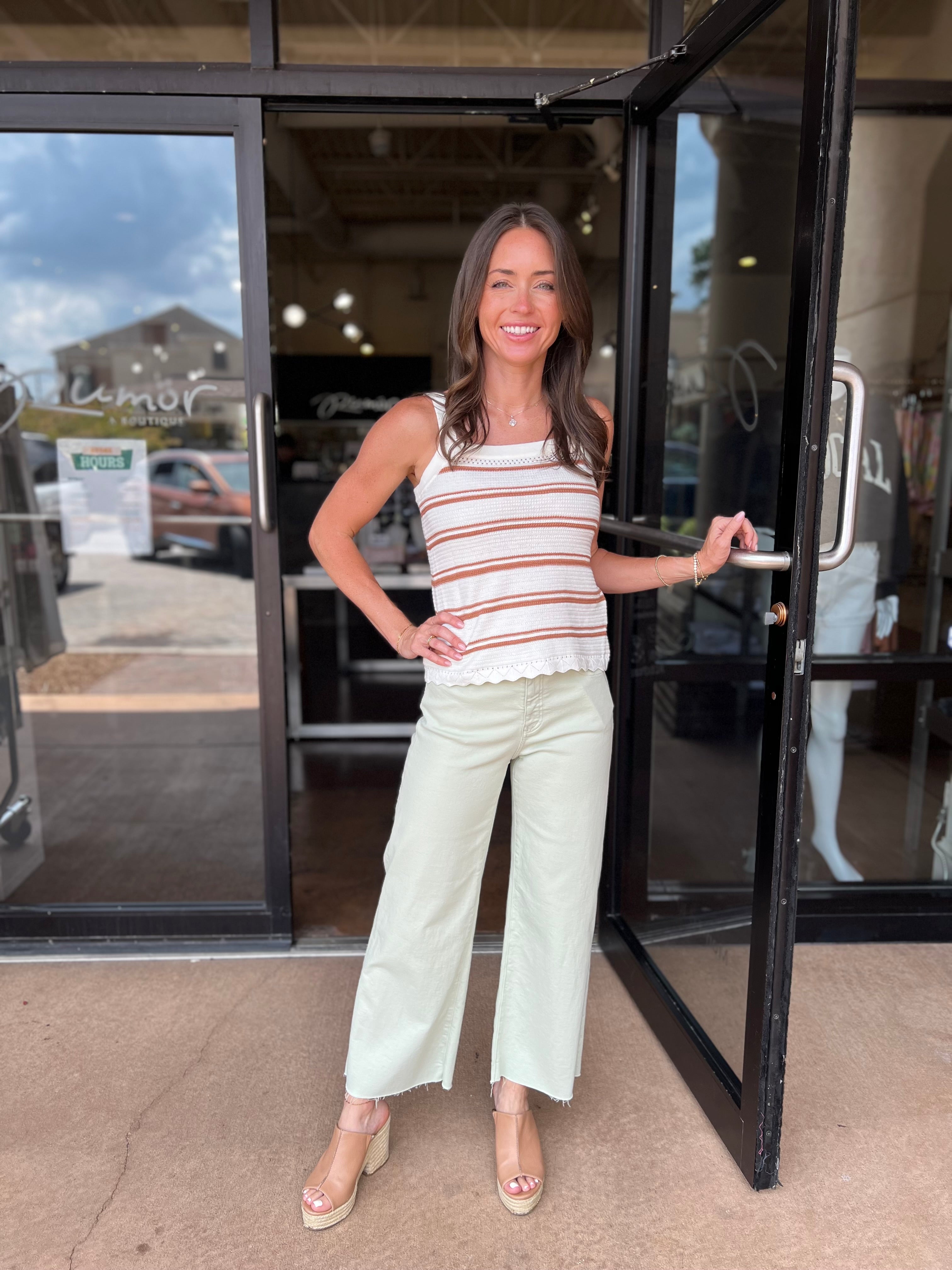Stripe Knit Tank Scalloped Hem - Brown/Cream