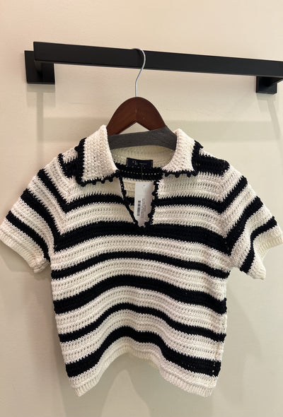 Short Sleeve Johnny Collar Stripe Knit Top - Cream