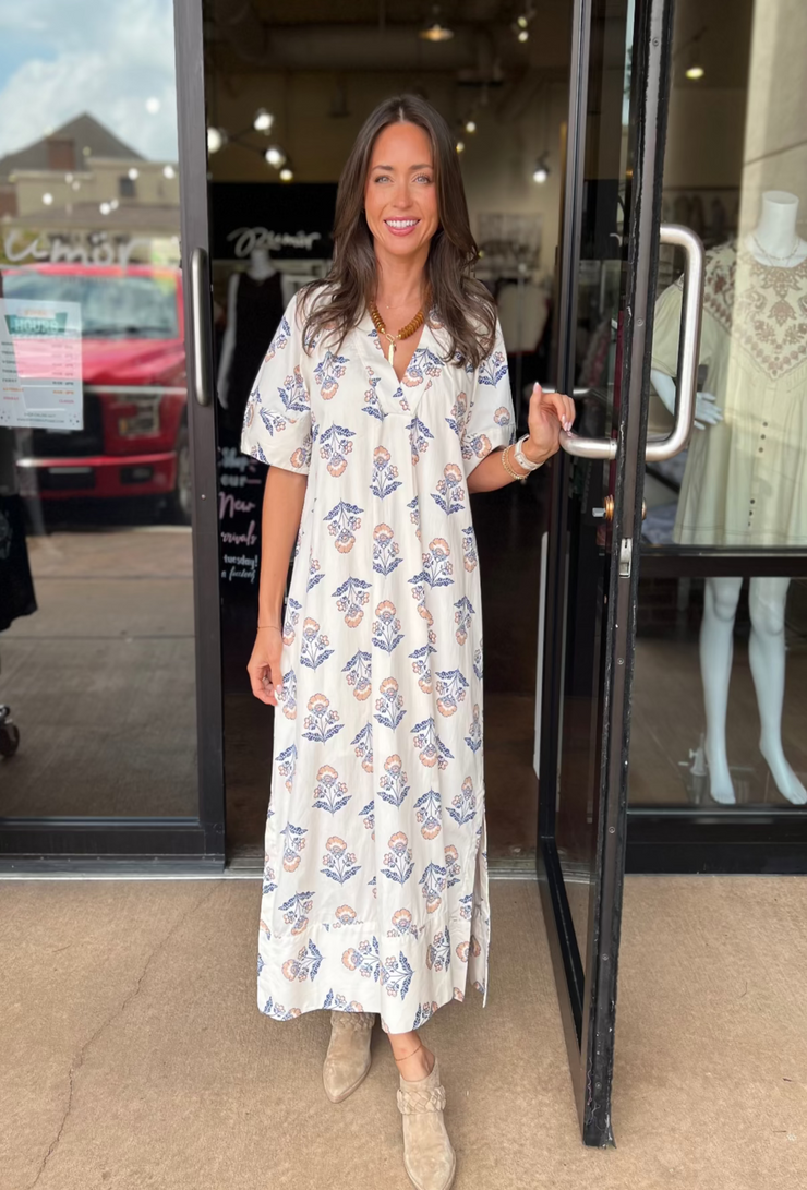 Vintage Floral V-Neck Maxi Dress - Ivory