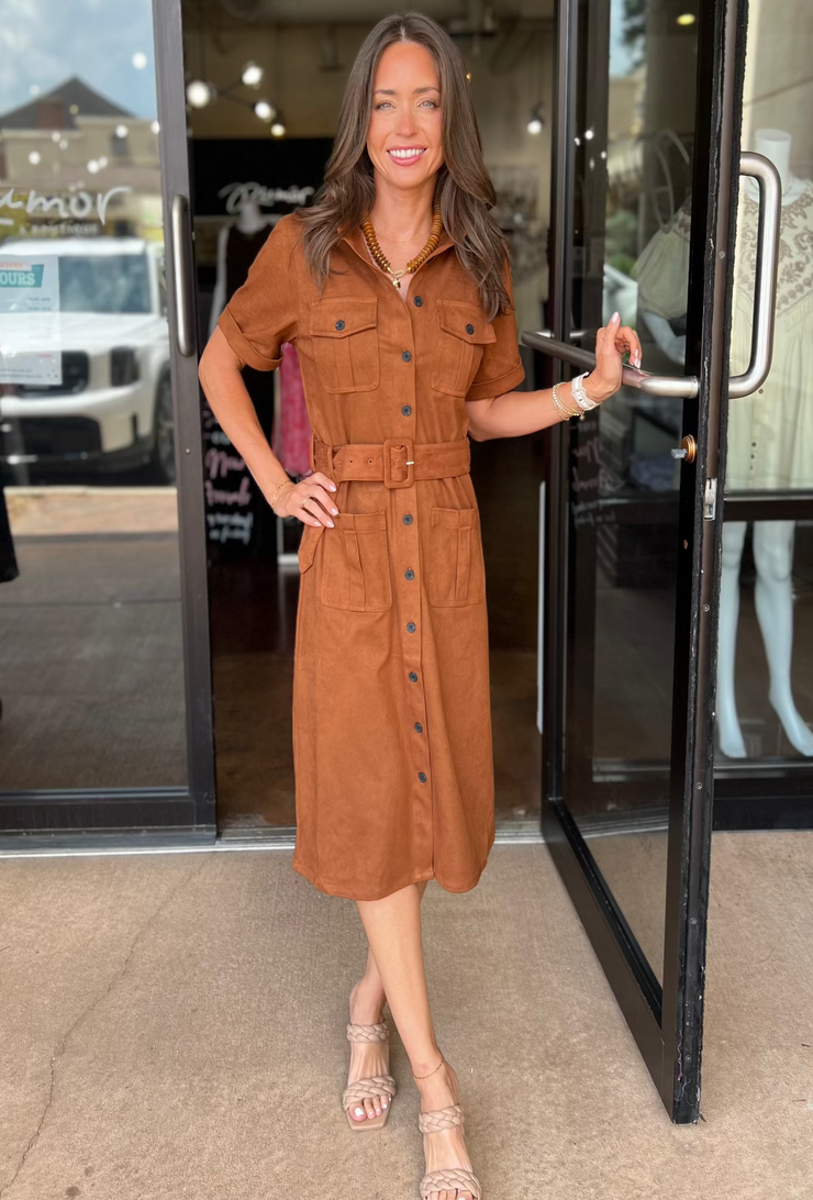 Suede Midi Button Down Dress - Chocolate