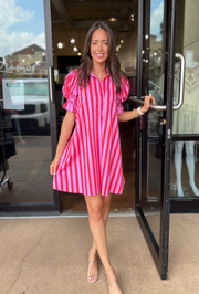 Stripe Button Puff Sleeve Dress - Red