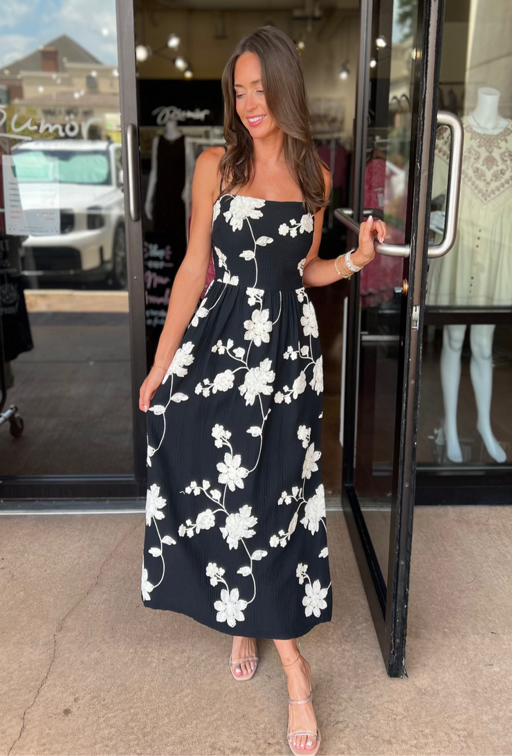Gracie Embroidered Midi Dress - Black