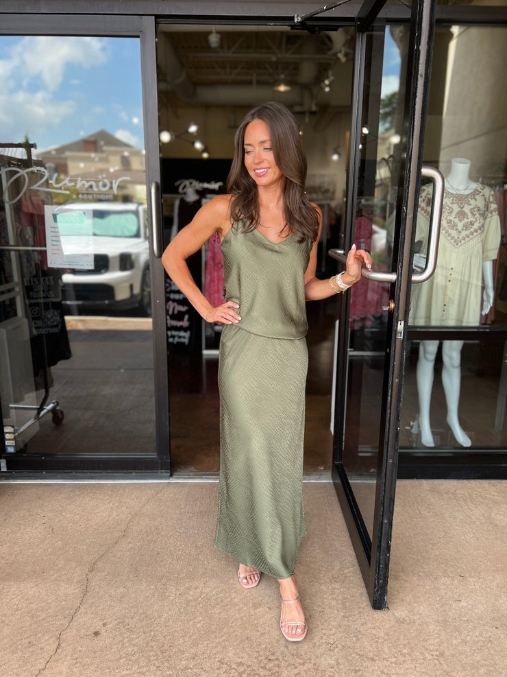 Satin Midi Skirt - Ivy Green