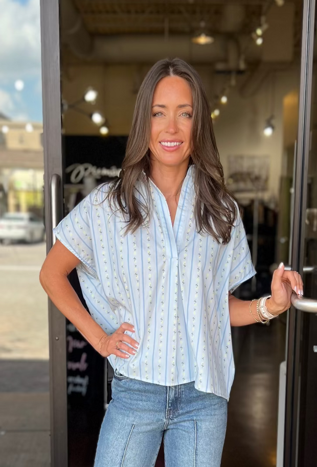 Floral Stripe V-Neck Collar Top - Blue