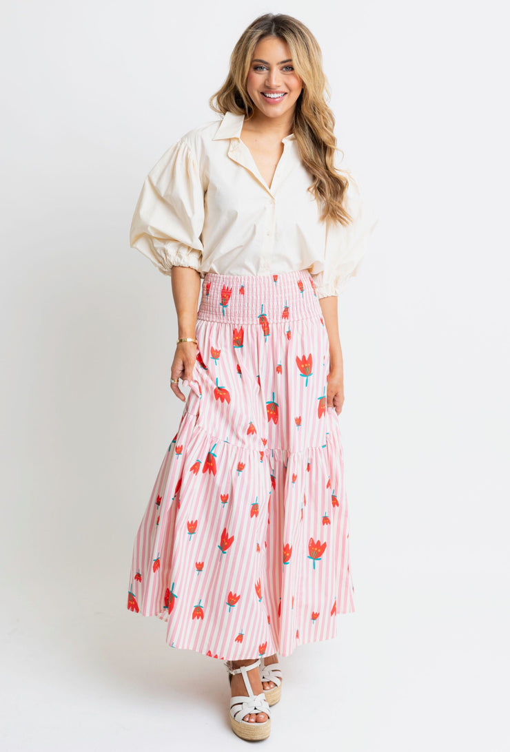 Stripe Poppy Smocked Maxi Skirt - Pink