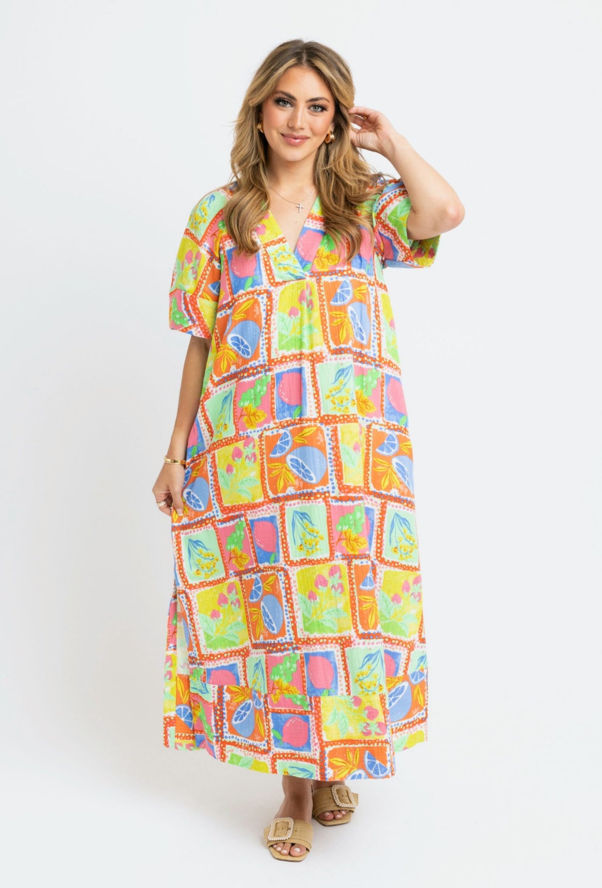 Fruit Gauze V-Neck Maxi Dress - Lime