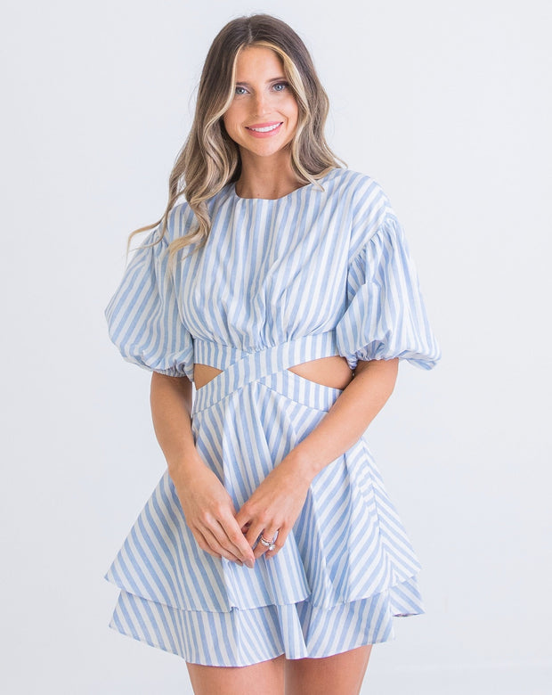 Stripe Poplin Cut-Out Puff Sleeve Dress - Blue