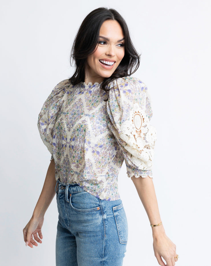 BoHo Floral Crochet Sleeve Top - Sand