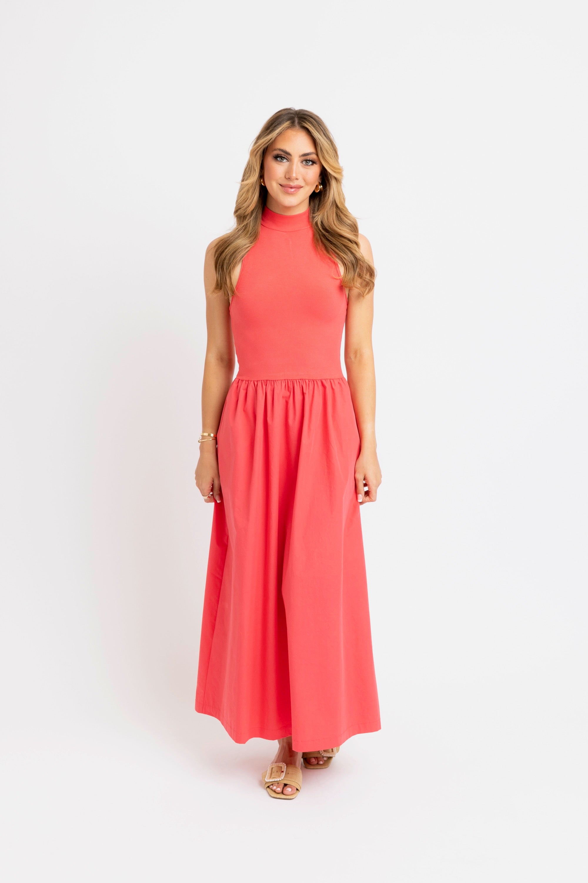Mock Neck Sleeveless Maxi Dress - Coral
