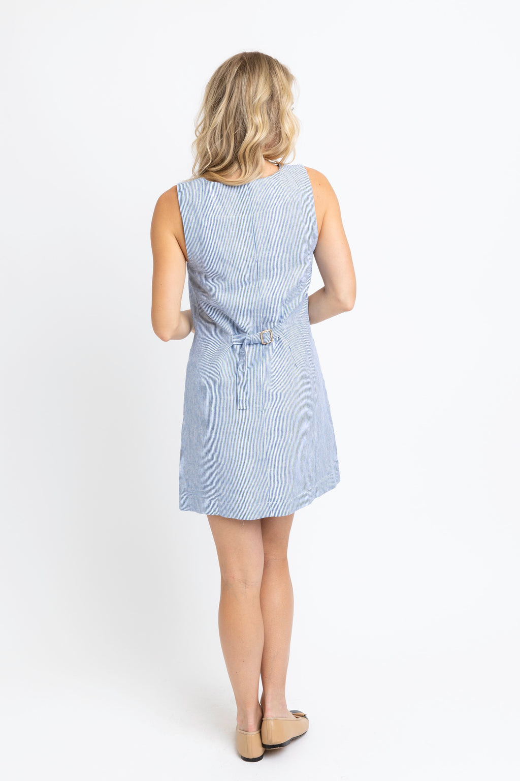 Denim Stripe Button Sleeveless Shift Dress