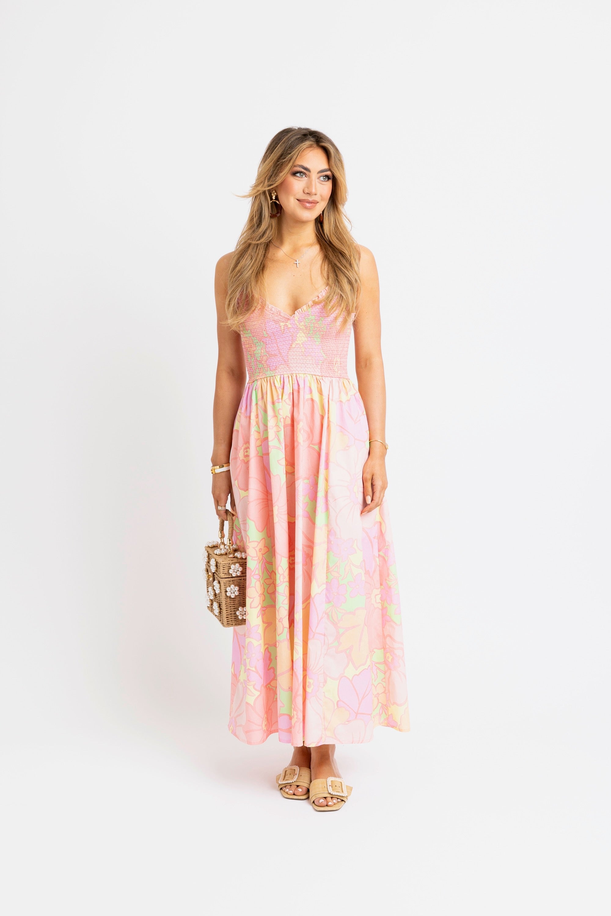 Pastel Floral Smock Tank Maxi Dress - Pink Multi