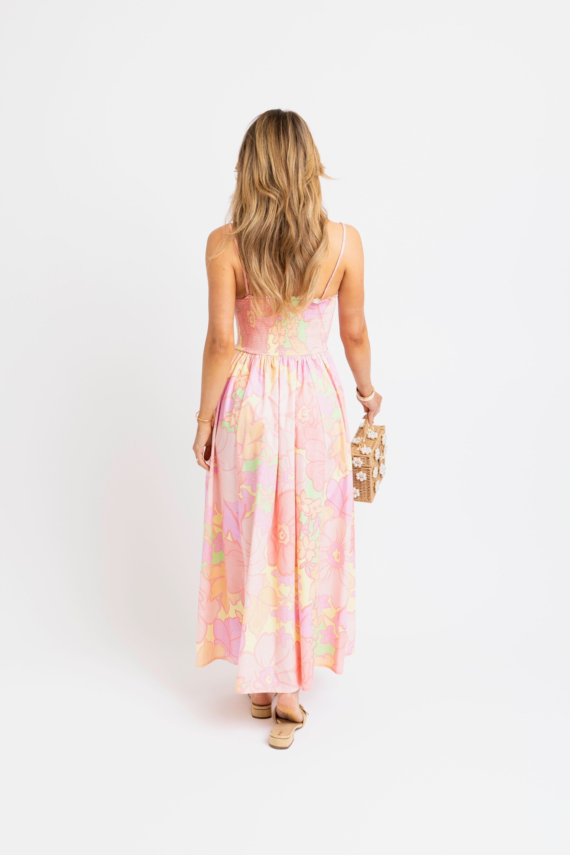 Pastel Floral Smock Tank Maxi Dress - Pink Multi