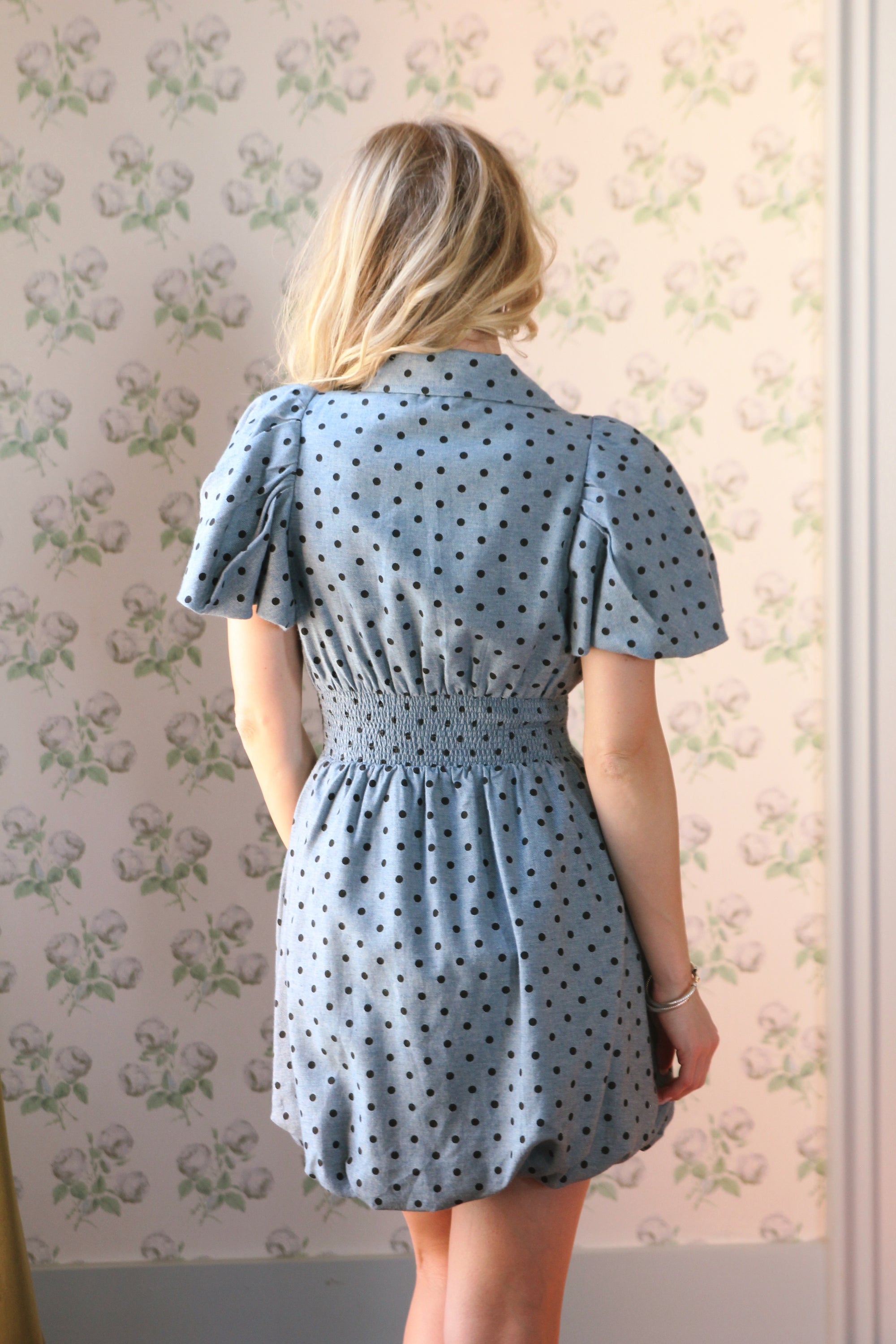 Denim Polka Dot Bubble Mini Dress - Blue