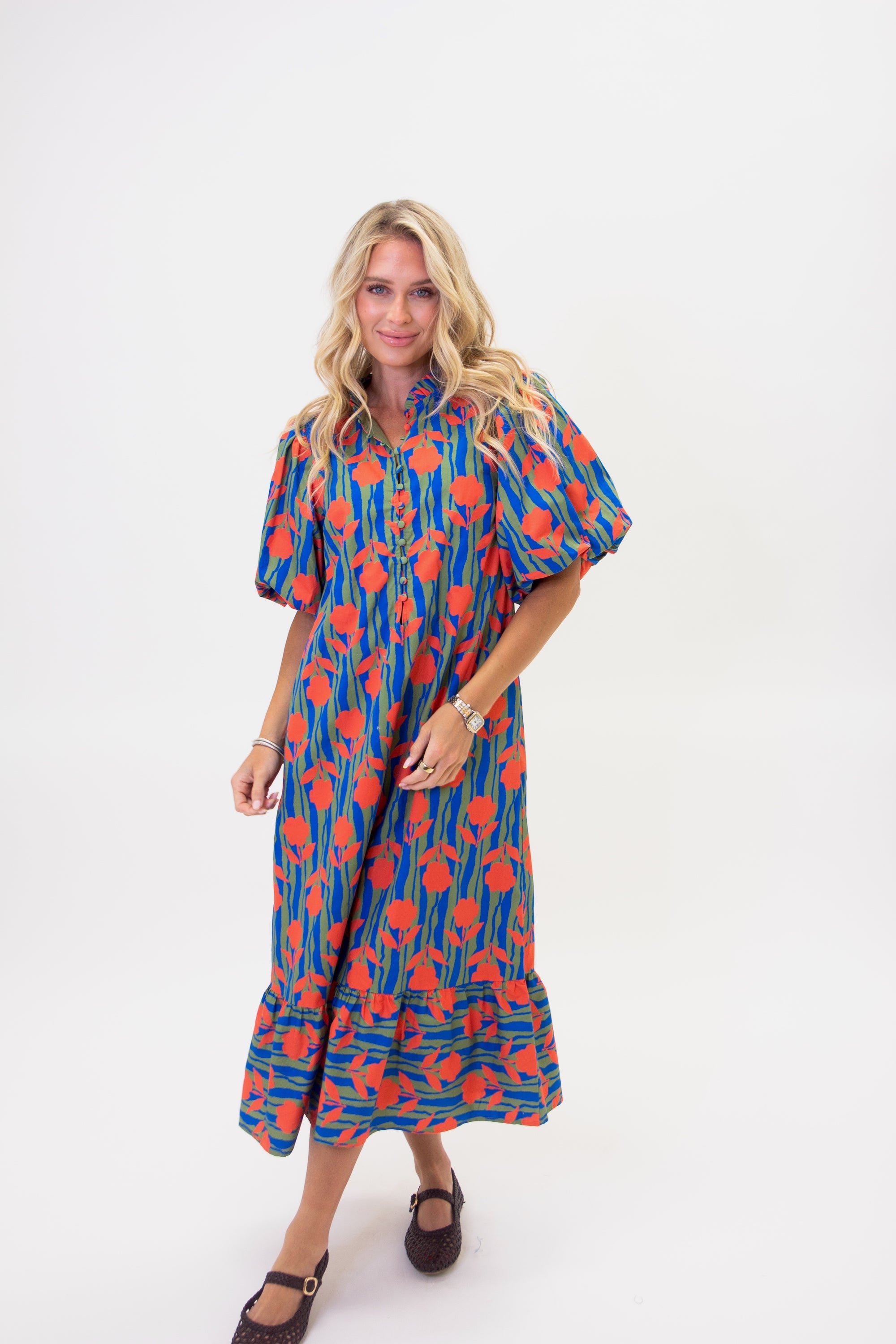 Stripe Mod Floral Puff Sleeve Maxi Dress - Royal / Orange