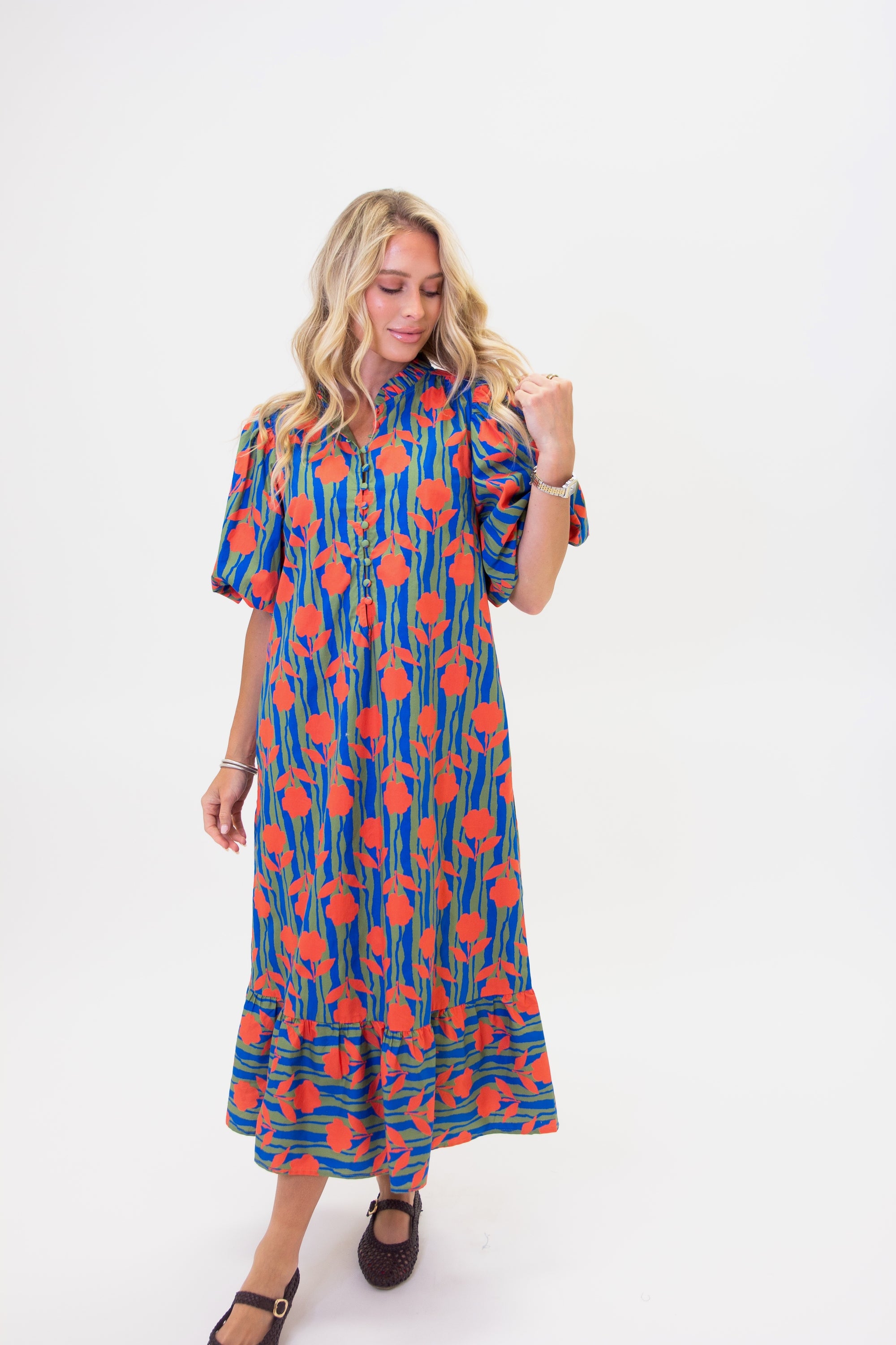Stripe Mod Floral Puff Sleeve Maxi Dress - Royal / Orange
