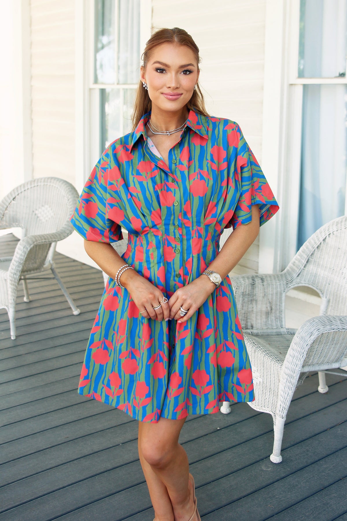 Stripe Mod Floral Shirt Dress - Royal Multi