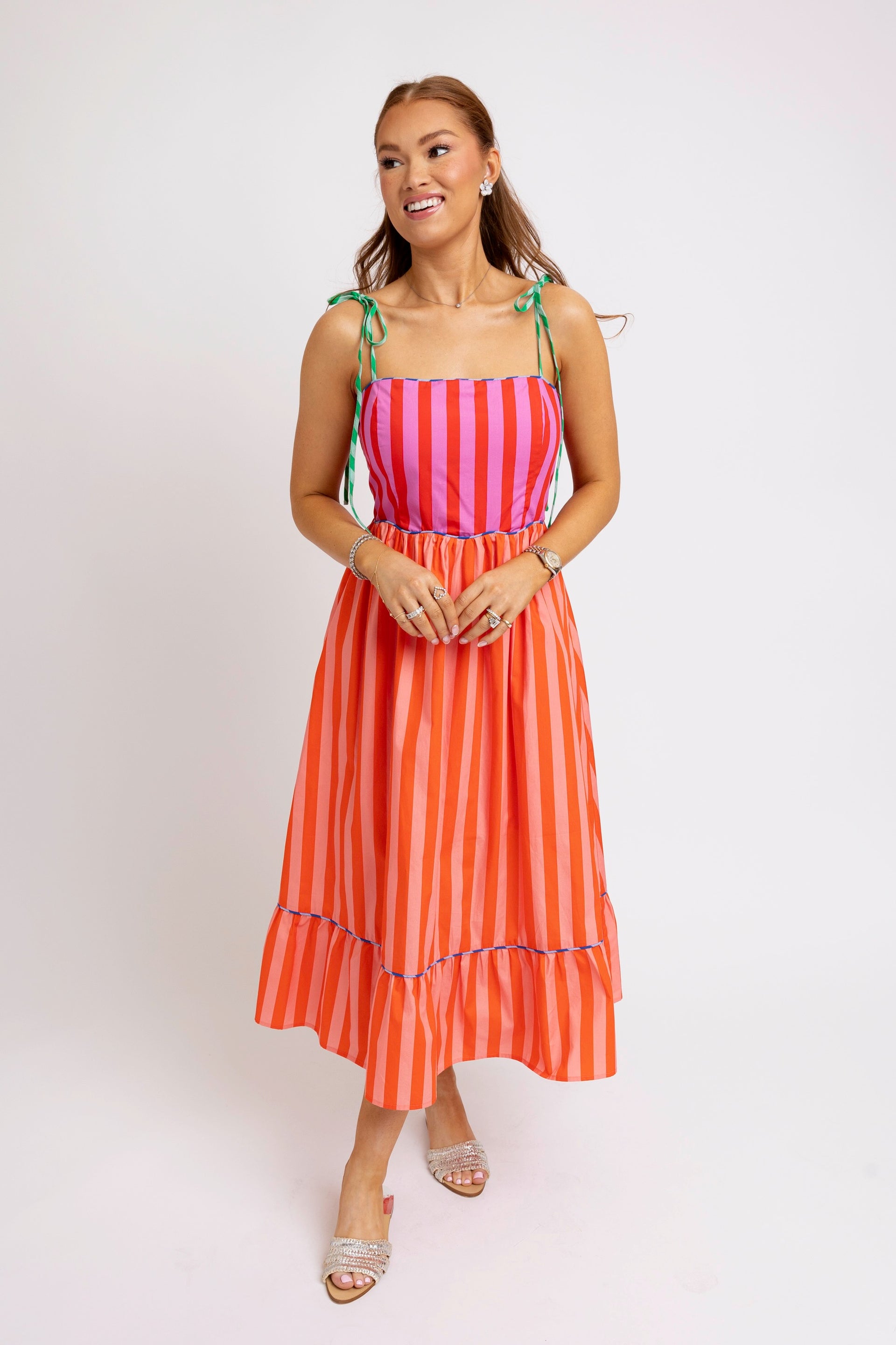 Stripe Color Block Tie Shoulder Maxi Dress -Pink/Orange