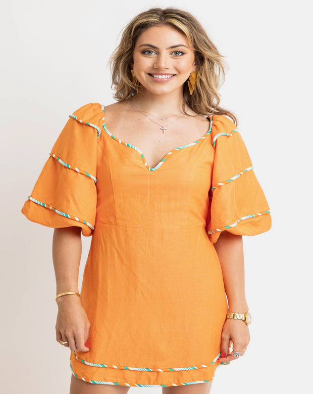 Multi Stripe Trim Sweetheart Puff Sleeve Dress - Orange