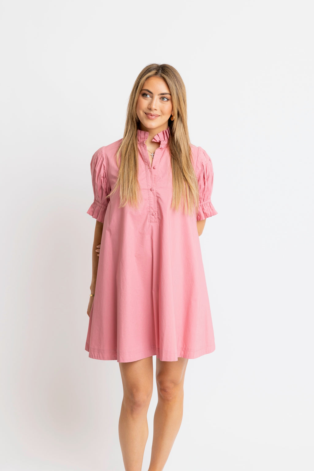 Solid Poplin Ruffle Neck Tie Back Dress - Pink