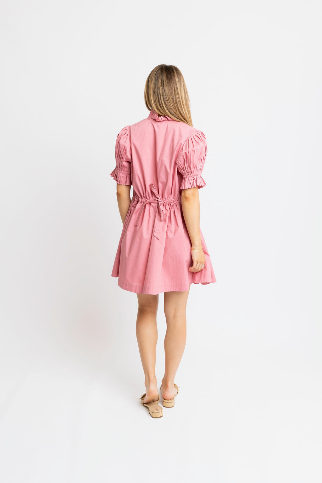 Solid Poplin Ruffle Neck Tie Back Dress - Pink