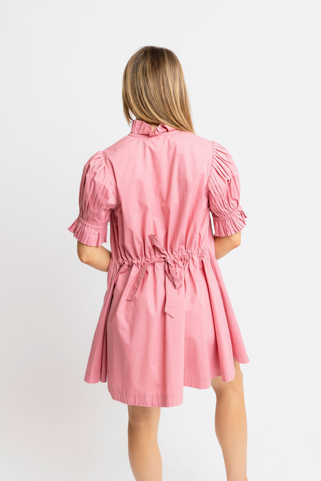 Solid Poplin Ruffle Neck Tie Back Dress - Pink