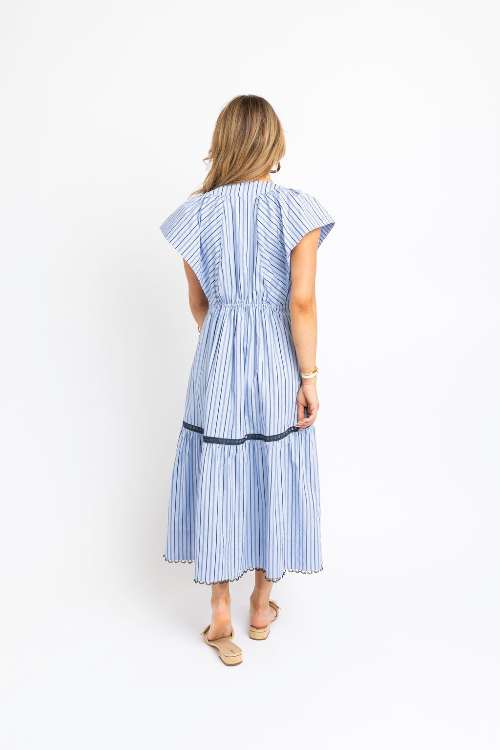 Stripe V neck Button Maxi Dress - Blue