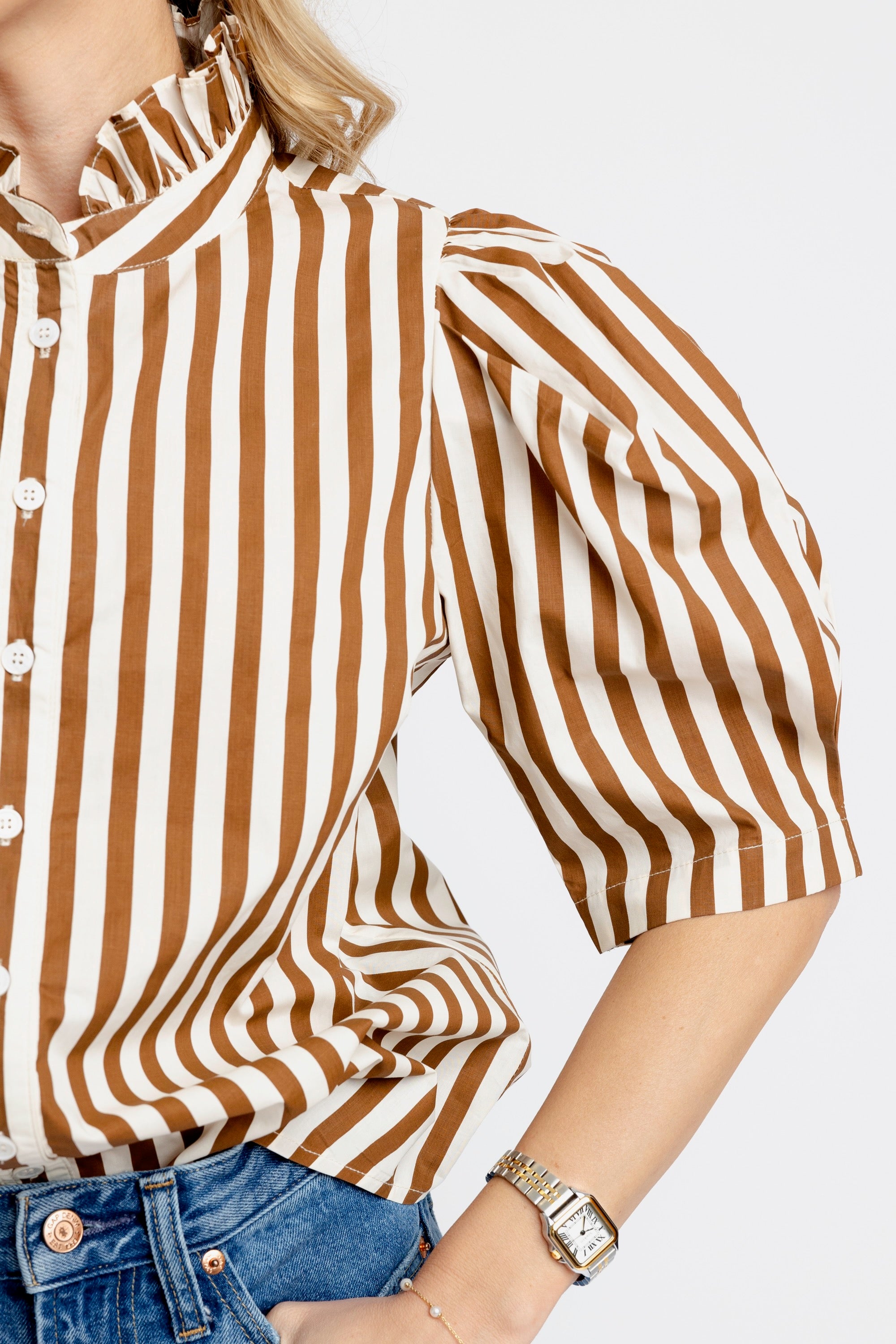 Stripe Ruffle Neck Button Up Top - Brown / Cream