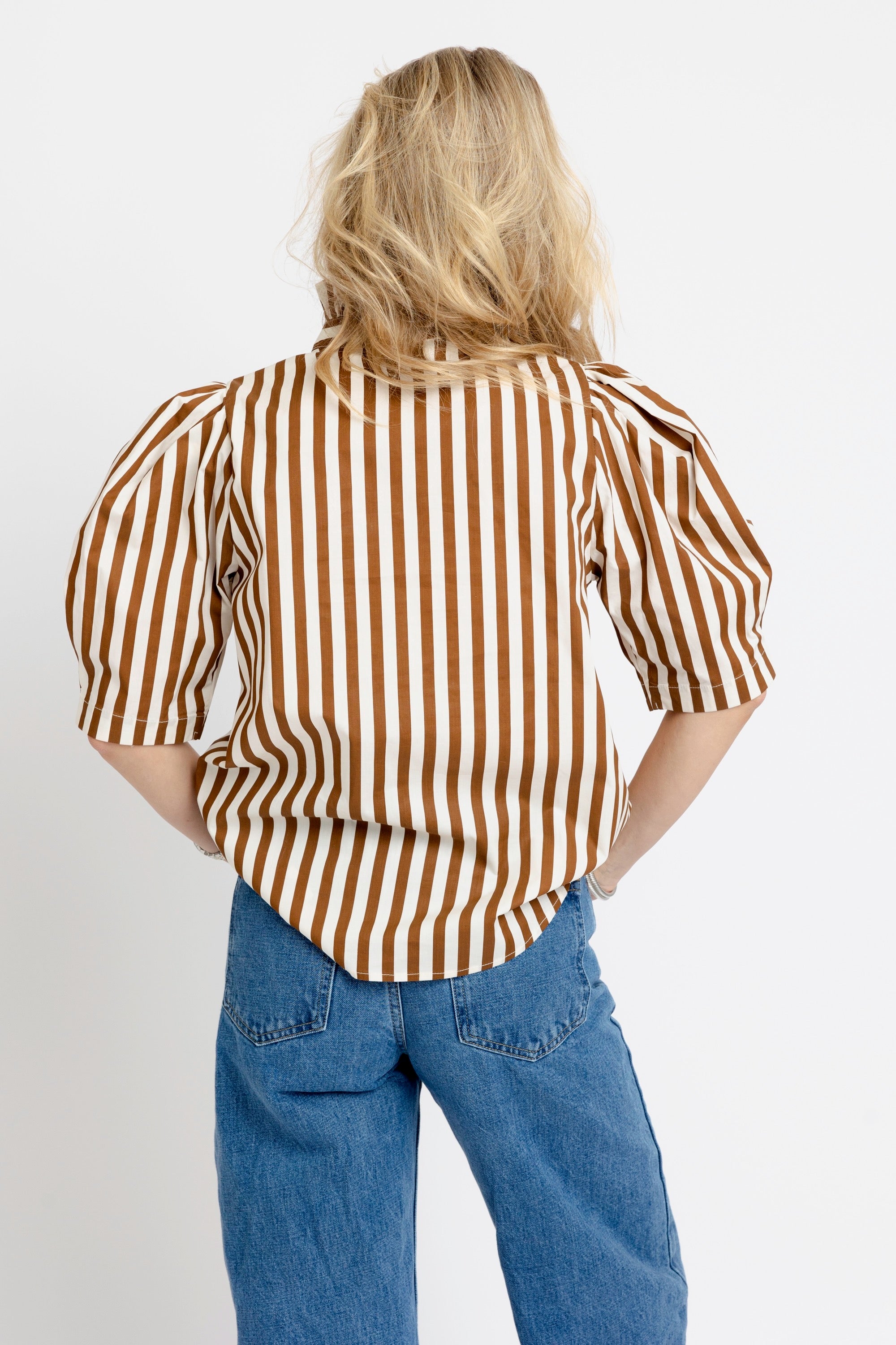 Stripe Ruffle Neck Button Up Top - Brown / Cream