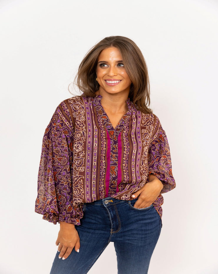 Chiffon Floral Metallic Thread V-Neck Top - Purple